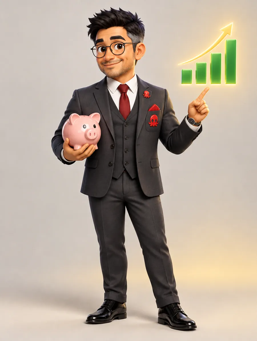 재테크 큐레이터 보검 — 다크 그레이 쓰리피스에 붉은 넥타이. 돼지저금통은 제 행운의 물건이에요.
