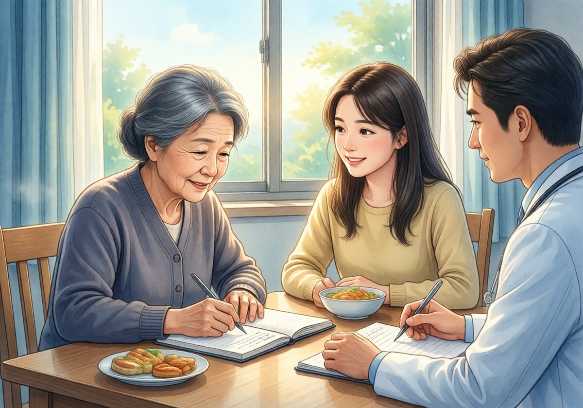 고령자와 가족이 식사 기록을 펴 놓고 의료진과 상담하는 예시 일러스트