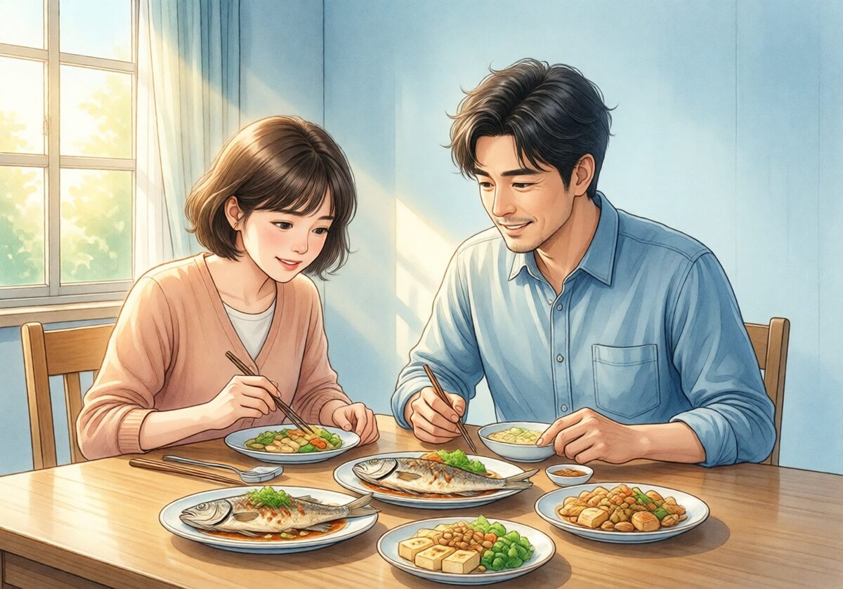 생선·콩·채소를 곁들인 식사를 함께 계획하는 생활 예시 일러스트