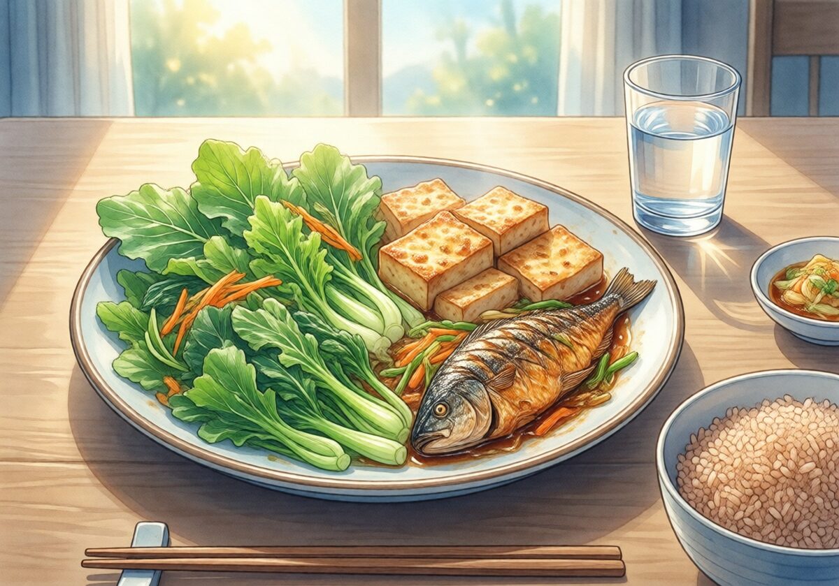 채소·단백질 반찬·밥의 구성을 살펴보는 한 끼 예시 일러스트