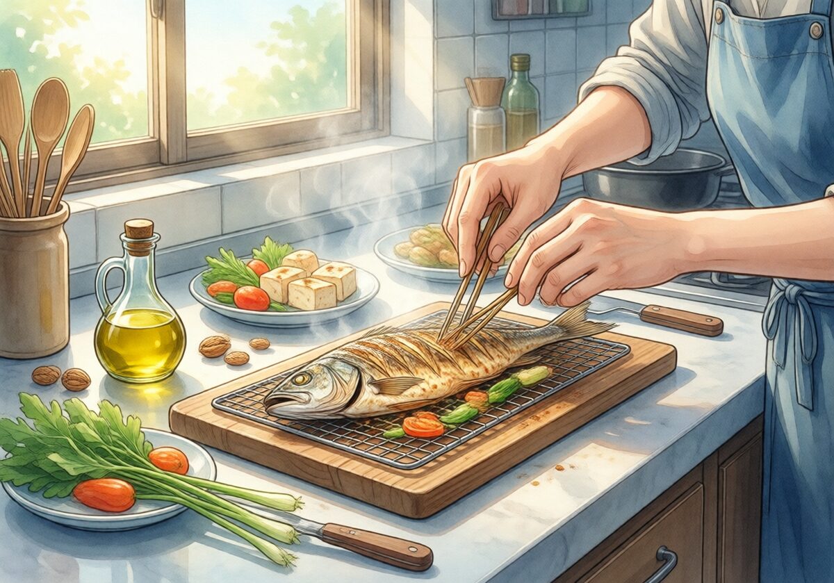 생선·두부·채소와 식물성 기름을 이용해 식사를 준비하는 생활 예시 일러스트