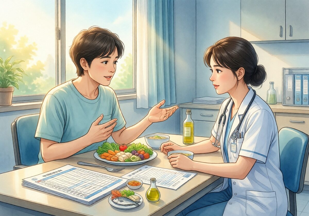 식사 기록과 빈 검사 안내지를 놓고 의료진과 상담하는 예시 일러스트