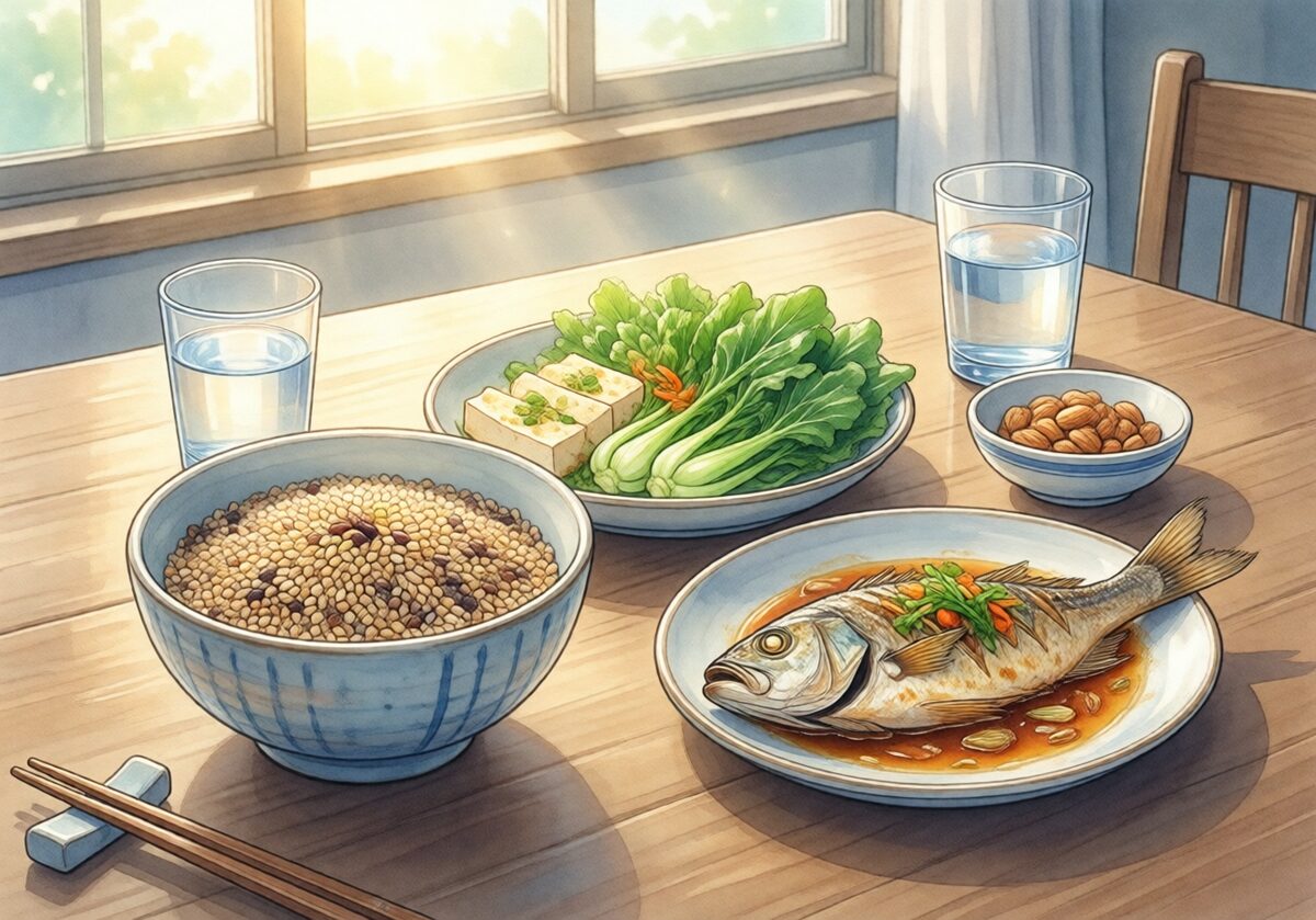잡곡·두부·채소·생선·견과류를 구성한 식사의 예시 일러스트