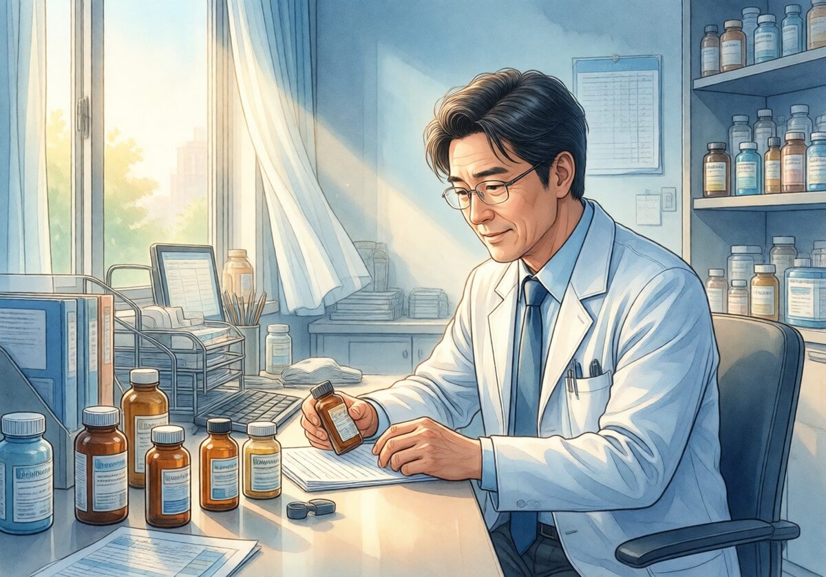 약과 보충제의 성분표를 확인하는 약사의 예시 일러스트